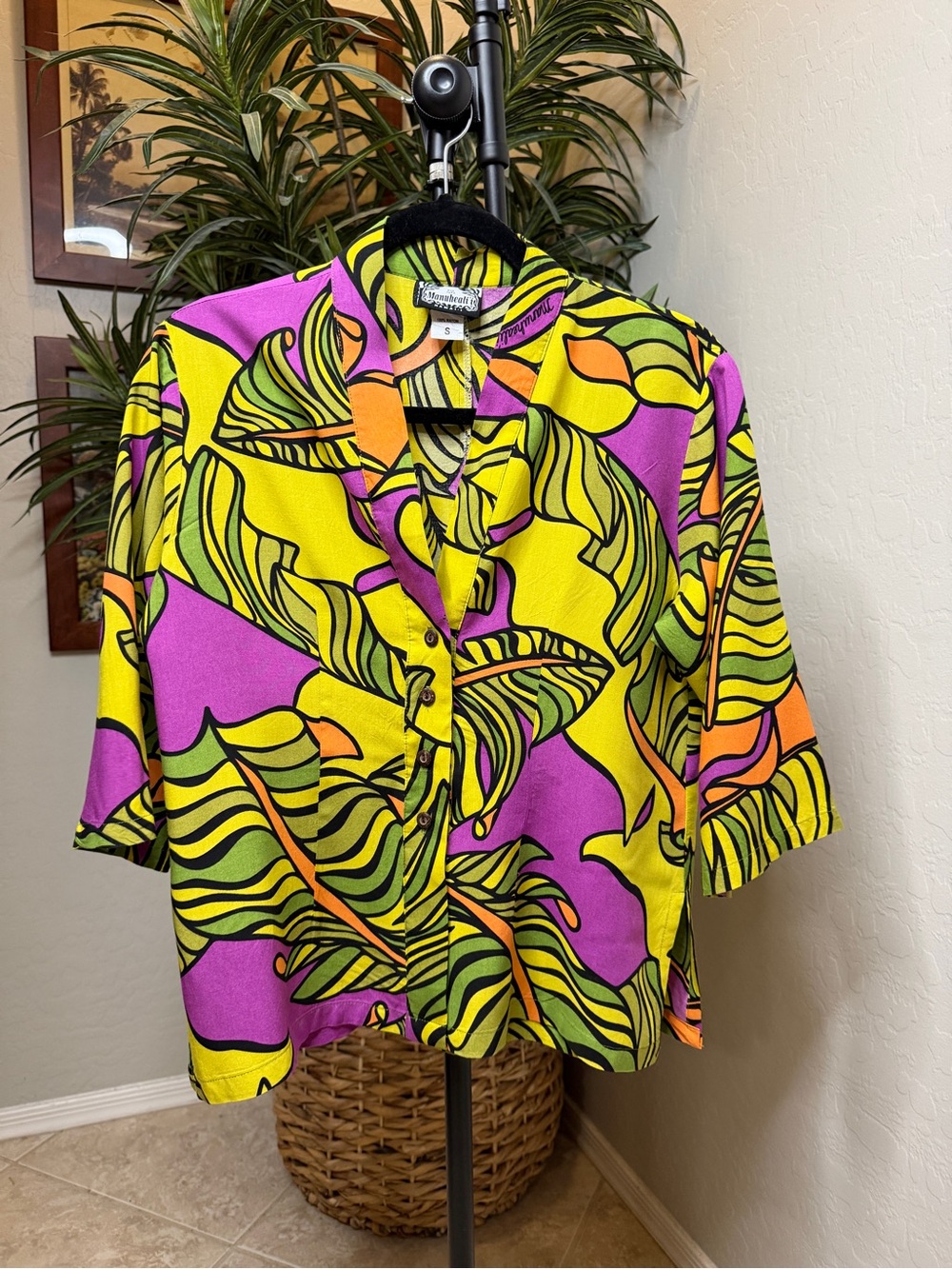 Manuhealii Tropical Print Camp Shirt in Yellow, Purple & Green